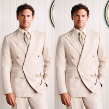 Beige Men's Suits Formal Tuxedos Double Breasted Prom Jacket Peak Lapel Coat