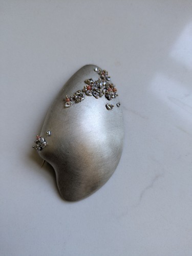 Ted Muehling Sterling Silver pearl and coral encrusted large clamshell brooch