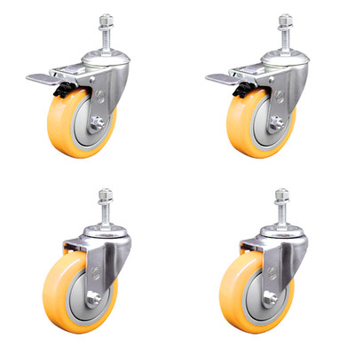 4 Inch Yellow Polyurethane Swivel 10mm Stem Caster Set 2 Total Lock Brake SCC