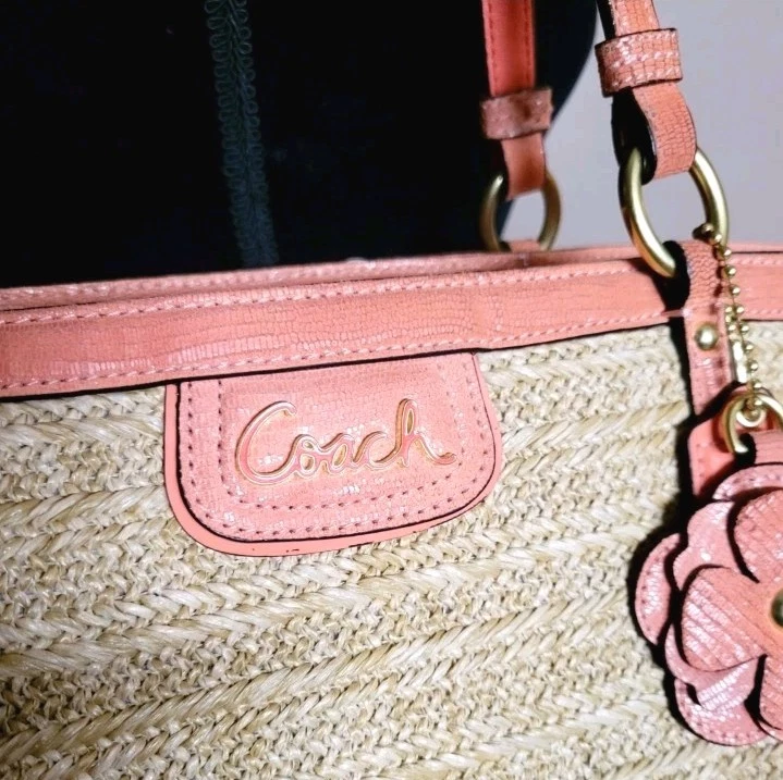 Coach Alexandra Python Straw Handbag Coral/Tan F21959 - Image 2 of 4