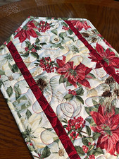 Handcrafted - Quilted Table Runner - Christmas Poinsettias New Deep Red