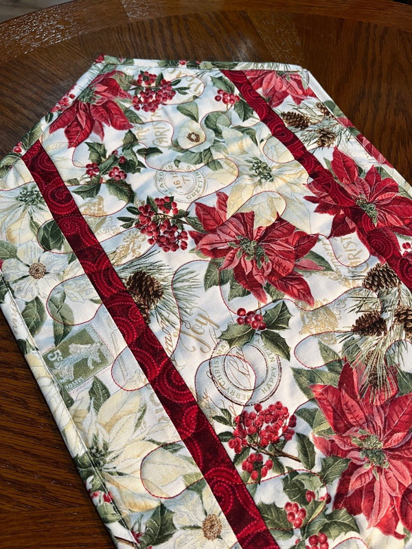 Handcrafted - Quilted Table Runner - Christmas Poinsettias (New)  Deep Red
