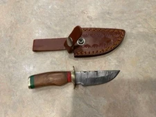 Sweet Mini  Damascus Bowie knife w walnut colored wood handle in leather sheath