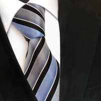 Tigertie Seidenkrawatte Grau Blau Schwarz Silber Gestreift - Krawatte Seide Tie