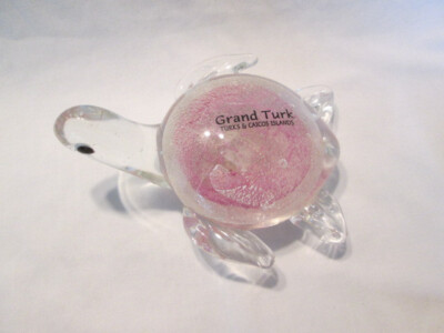 Art Glass Sea Turtle Paperweight Figurine Pink & White 6  Grand Turk Island