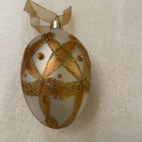 MSE Martha Stewart Glass Christmas Ball Ornament Glitter Gold & White Egg Tear - Afbeelding 1 van 11