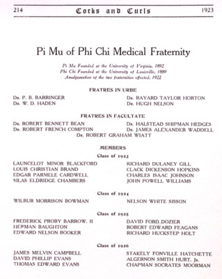 1923 University of Virginia Corks & Curls Pi Mu of Phi Chi Medical Fraternity