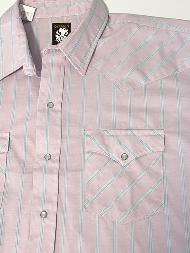 Vintage Karman Pearl Snap Western Shirt Mens XL Pink Blue Stripe Cowboy Made USA