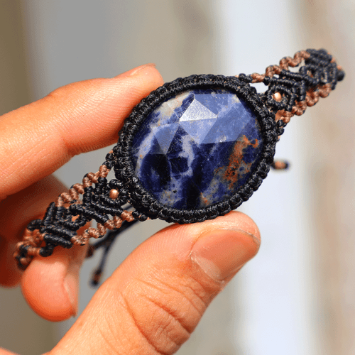 Hand Crafted Natural Faceted Sodalite Micro Macrame Cuff Reiki Gemstone Bracelet - Picture 7 of 10