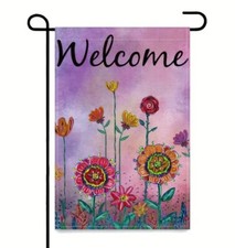 Whimsical Floral Welcome Burlap Garden Flag 12x18 in