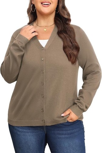 Cardigan Sweaters Womens 3XL Plus Size Khaki Knit Long Sleeve V Neck Button Up