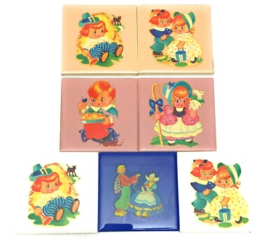 Vintage Ceramic Tiles Featuring Storybook Animation Children 4  '' - Lot of 7