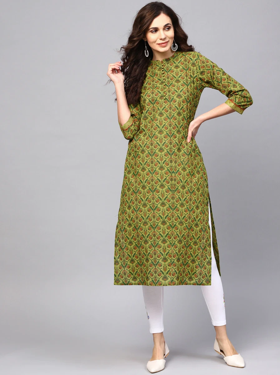 Ungdom Sweeten høj Indian Women Floral Green &amp; Brown Printed Straight Kurta Kurti Top  Tunic Dress | eBay