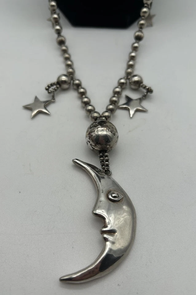 "Collar Mark Jiménez Grueso Plata Esterlina Grande Luna y Estrellas Cuentas De Colección Navajo38""" Foto 4 de 4