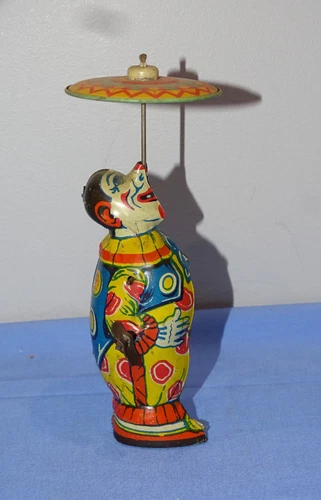 1930's Vintage J. Chein & Co Tin Wind-Up Clown w/ Umbrella