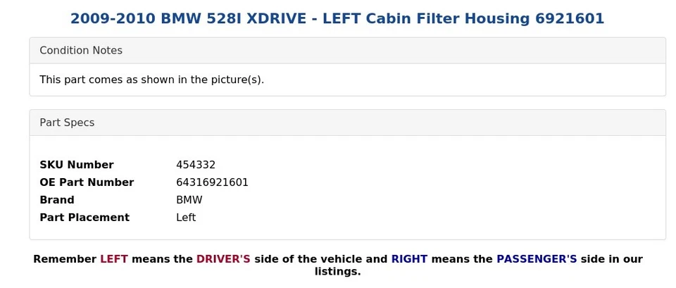 BMW 528I XDRIVE 2009-2010 - Carcasa filtro cabina izquierda 6921601 Foto 4 de 4