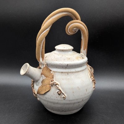 Blue Ridge Studio Pottery Teapot Small Twisted Clay Handle Leaves Hobbit Signed