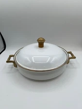 Vtg Bon Chef White Enamel 2 quart frying pan with 2 ornate brass handles lid