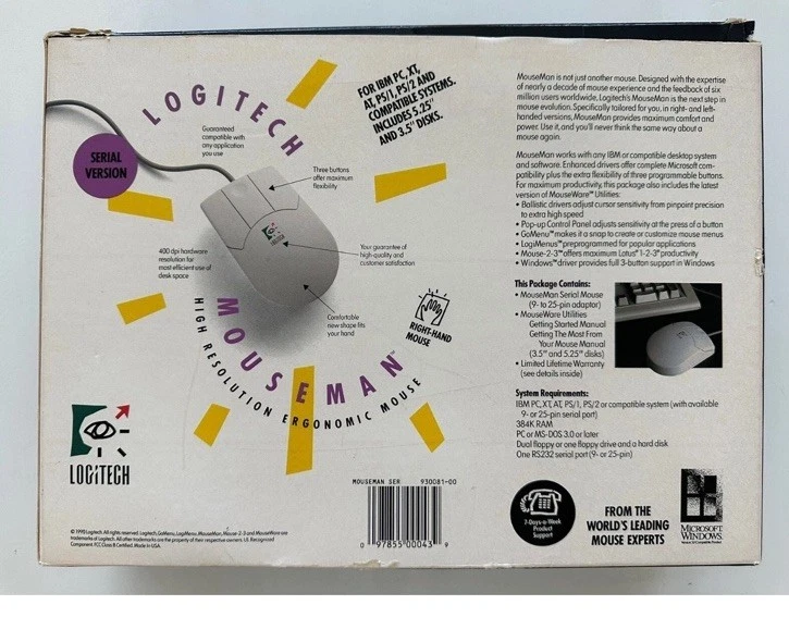 Logitech MouseMan - IBM PC, XT, AT, PS/1 PS/2 - SERIAL VERSION 1990 NEW IN BOX - Image 3 of 4