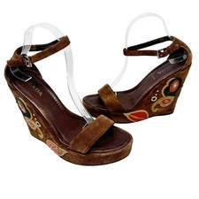 Vintage Prada Brown Suede Embroidered Wedge Sandals 39.5 Platform Designer Heels