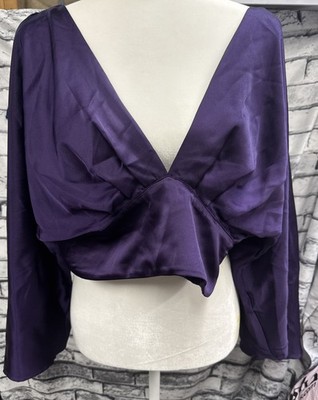 NWT ZARA Deep Purple Cropped Satin Effect Top Bell Sleeve Open Back Size Small