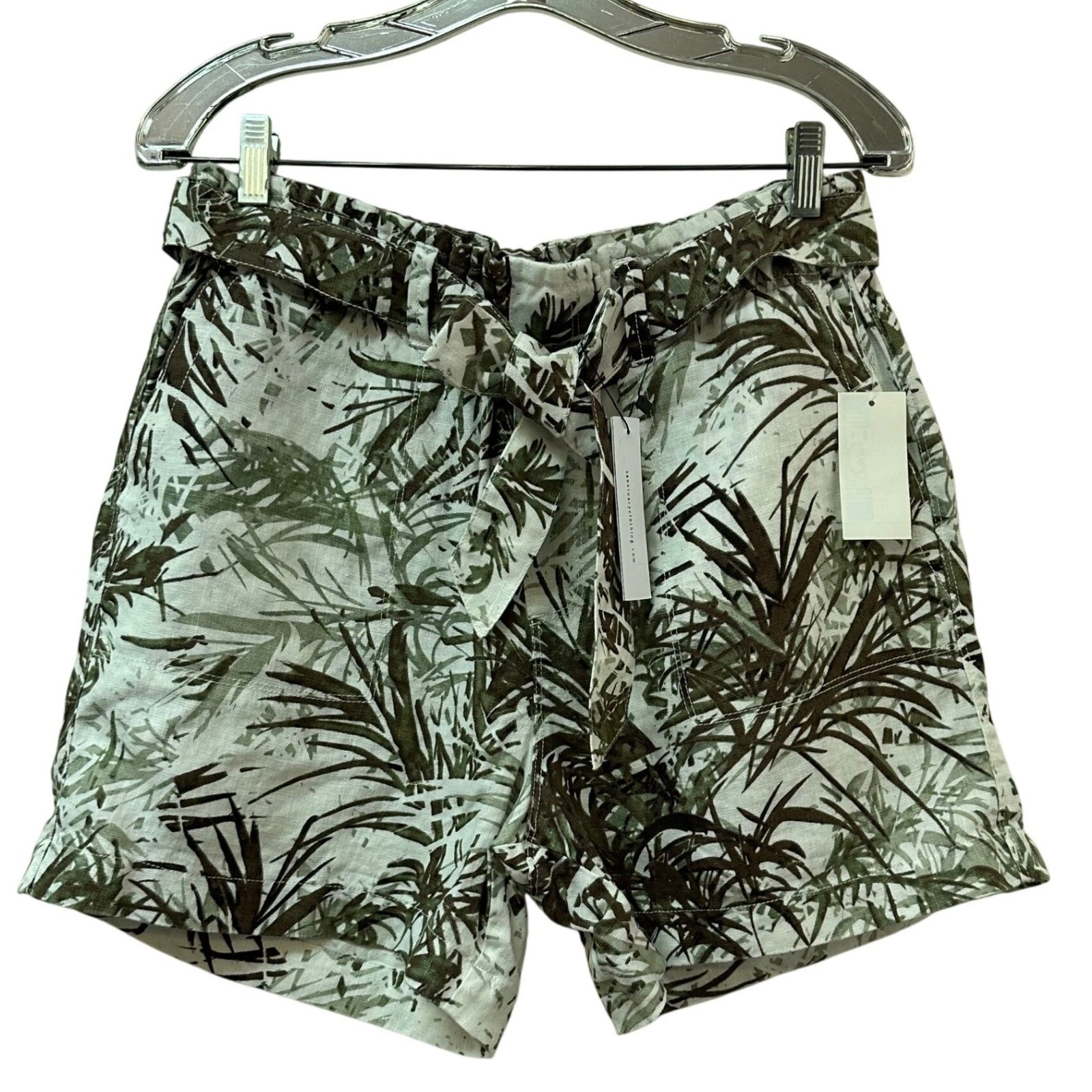 Sanctuary Paradise Tiki Palm Linen Shorts Green White Paperbag Waist Large NEW