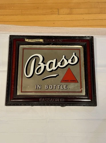 Vintage Bass & Co In Bottle Beer Mirror Ad Sign Stand With Wooden Frame
