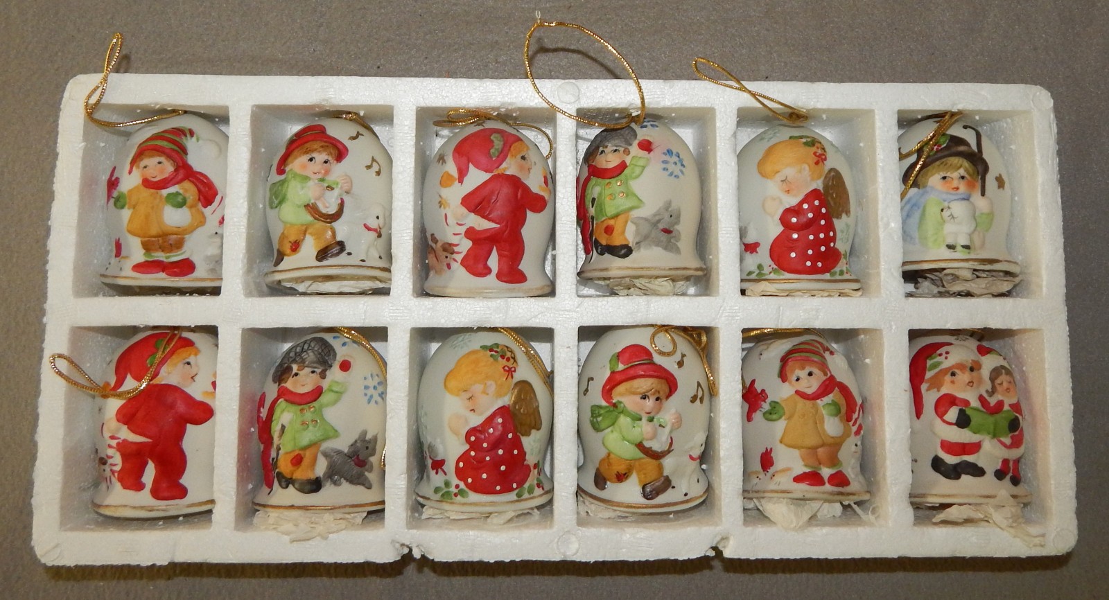 Vintage Christmas Chimes, Set of 12 Jasco Bisque Porcelain 1980 (3" tall} New