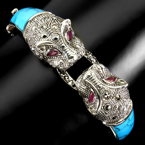 Summer 925 Silver Bangle Marquise Ruby Turquoise Marcasite Gemstone Jewelry - Picture 1 of 13