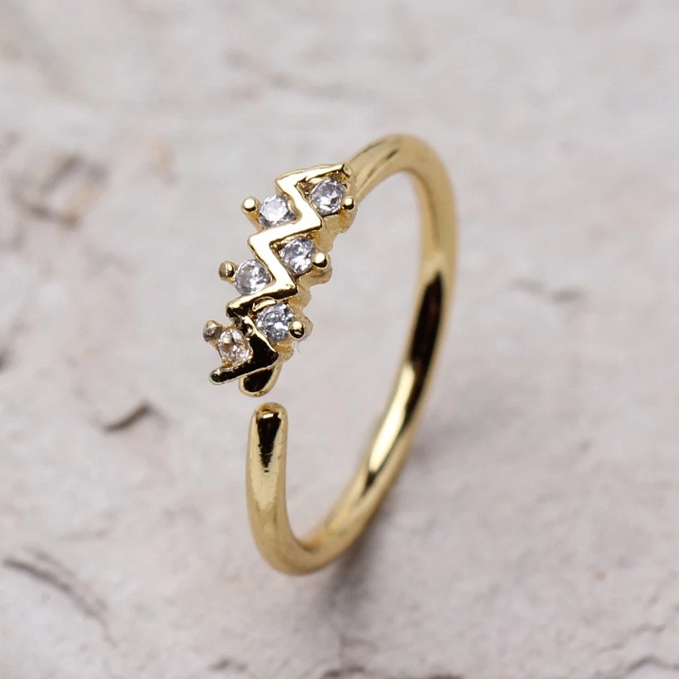 Gold Plated Jeweled Zig-Zag Cartilage Earring / Nose Hoop Ring 1mm x 10mm - Image 3 of 4