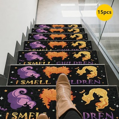 15pcs of Purple Patterned Printed Stair Mats, Non-Slip Stair Carpets, Protecti