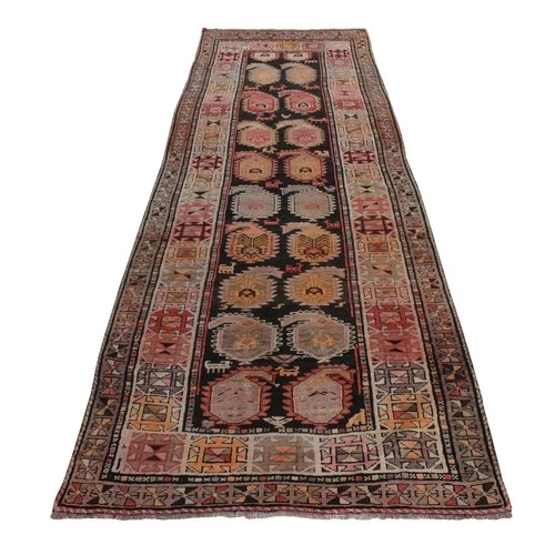 3'5"x10' Brown Caucasian Karabagh Paisley Design Wool Hand Knotted Runner Rug