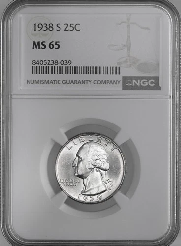 1938-S 25C WASHINGTON SILVER QUARTER SAN FRANCISCO MINT  NGC MS65 #8405238-039