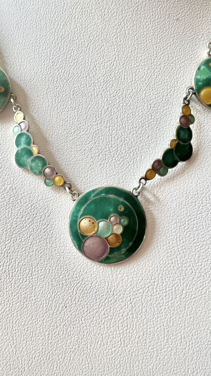 Art Deco Sterling Enamel Bubble Necklace Eisenberg Green Marked