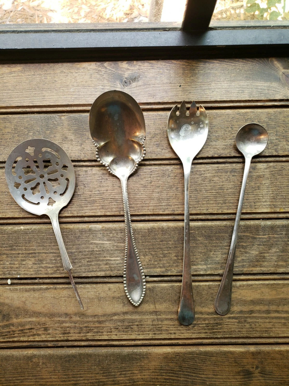 Lot of 4 Mixed Serving Spoons England, Indestructo SILVER PLATED SCALLOPED SHELL