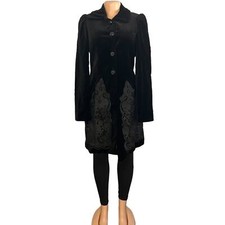 Mango Womens Moment Black Velvet Embroidered Coat Size Medium