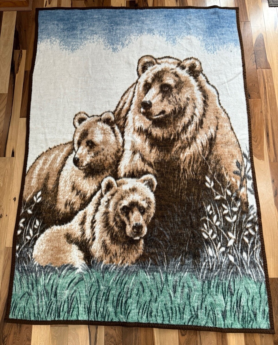 Vintage Biederlack Big Bears Grizzly Bear Cubs Throw Blanket 52x75 Made In  USA