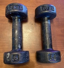 Vintage York 5 lb PAIR of Dumbbells Round Head w/ Flat Rest Weights = (10 lbs)