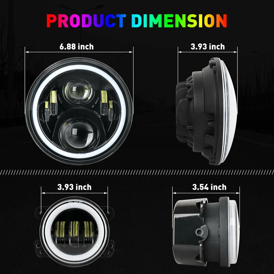 2X Faros LED RGB de 7'' + 4 '' Luces antiniebla LED DRL para Jeep Wrangler JK TJ LJ Foto 3 de 4