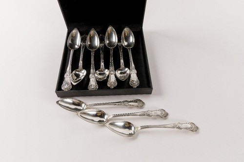 Antique Set of 10 Solid Silver Tea/Dessert Spoons Minerva Hallmark in Box 19th C - Picture 3 of 8