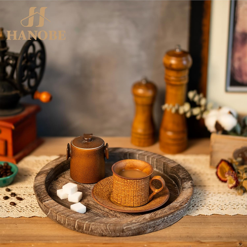 Rustic Wooden Serving Tray: round Wood Butler Decorative Tray Vintage Centerpiec - Picture 4 of 12