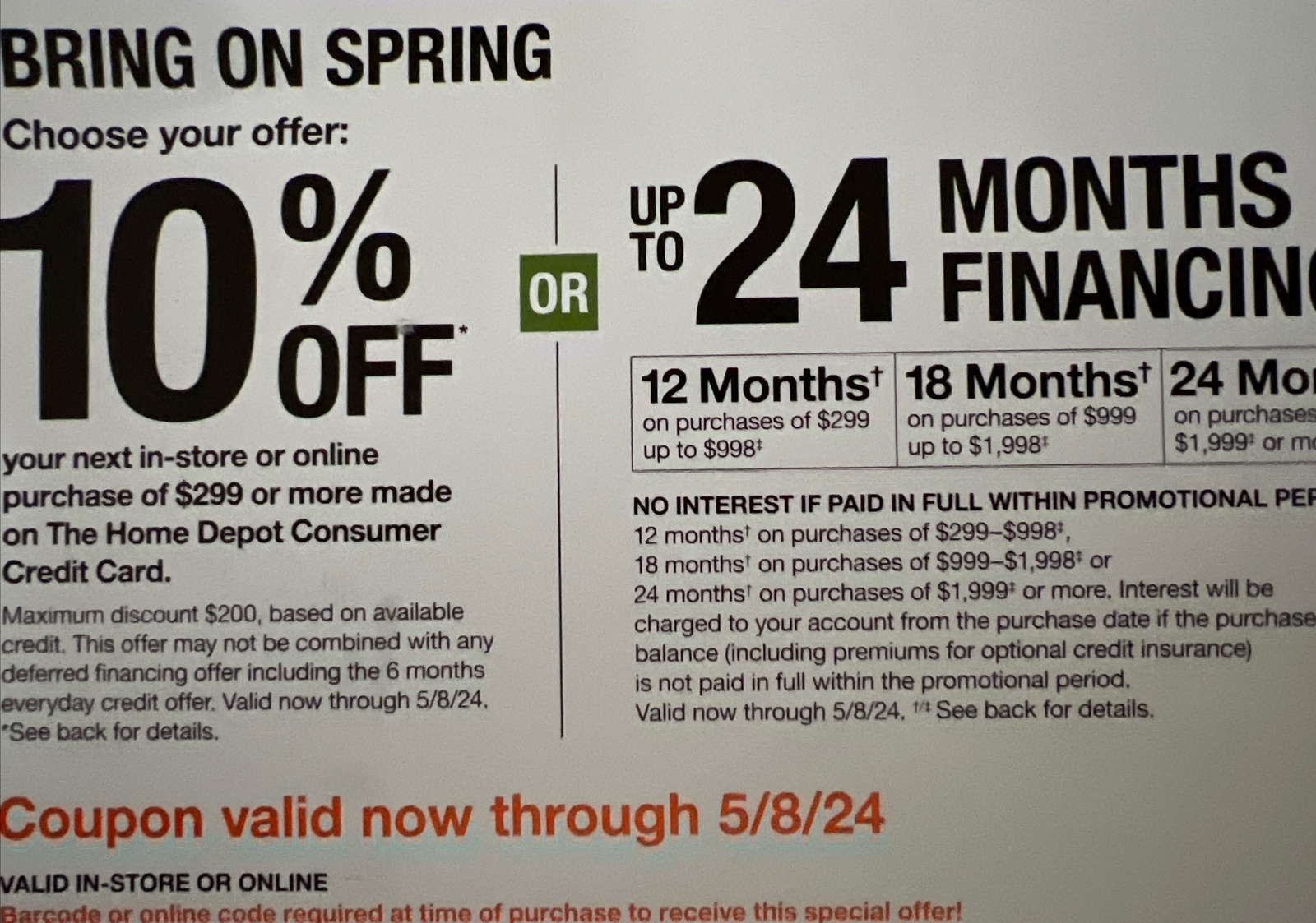 HOME DEPOT Coupon 10 Off Online / In Store OR 24 Months Financing, Exp