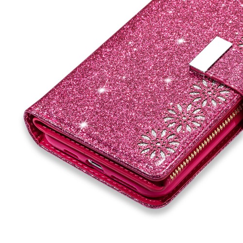 For iPhone 16e/15/14/13/12/11 Pro Glitter Wallet Case Zip Multi Card Flip Cover - Picture 10 of 37