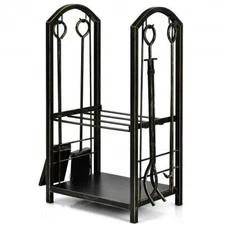 Fireplace Log Rack with 4 Pieces Fireplace Tools-Bronze - Color: Bronze