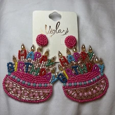 Handmade Beaded Happy Birthday Cake With Candles Dangle Earrings Colorful Pink
