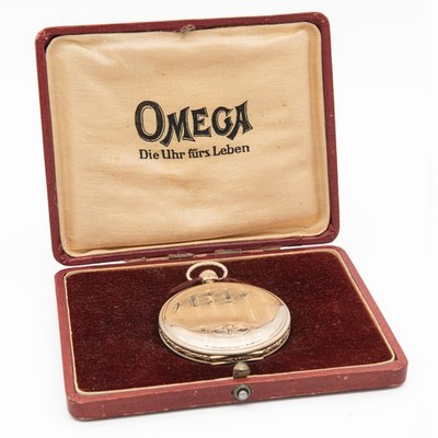 49,7 mm ø - Art déco Omega (um 1925) Taschenuhr Savonette im Gustav Rau Gehäuse