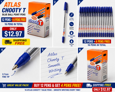 Atlas Chooty T Ballpoint Pen Smooth Blue,Black,Red, Buy 12 get 4 FREE. Free Ship
