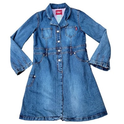 Y2K Early 2000s Guess Jeans Girls 14 Denim Coat/Dress, Purple Jacquard Lining