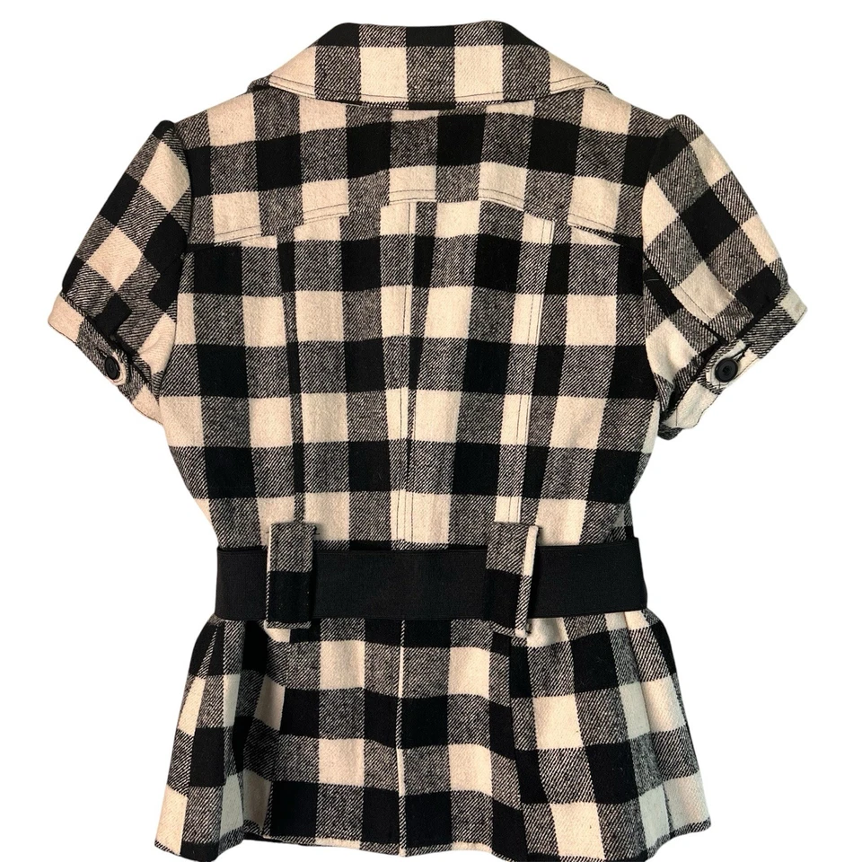 Blazer vintage Y2K para mujer - talla M - chaqueta de manga corta a cuadros con cinturón blanco y negro Foto 2 de 4
