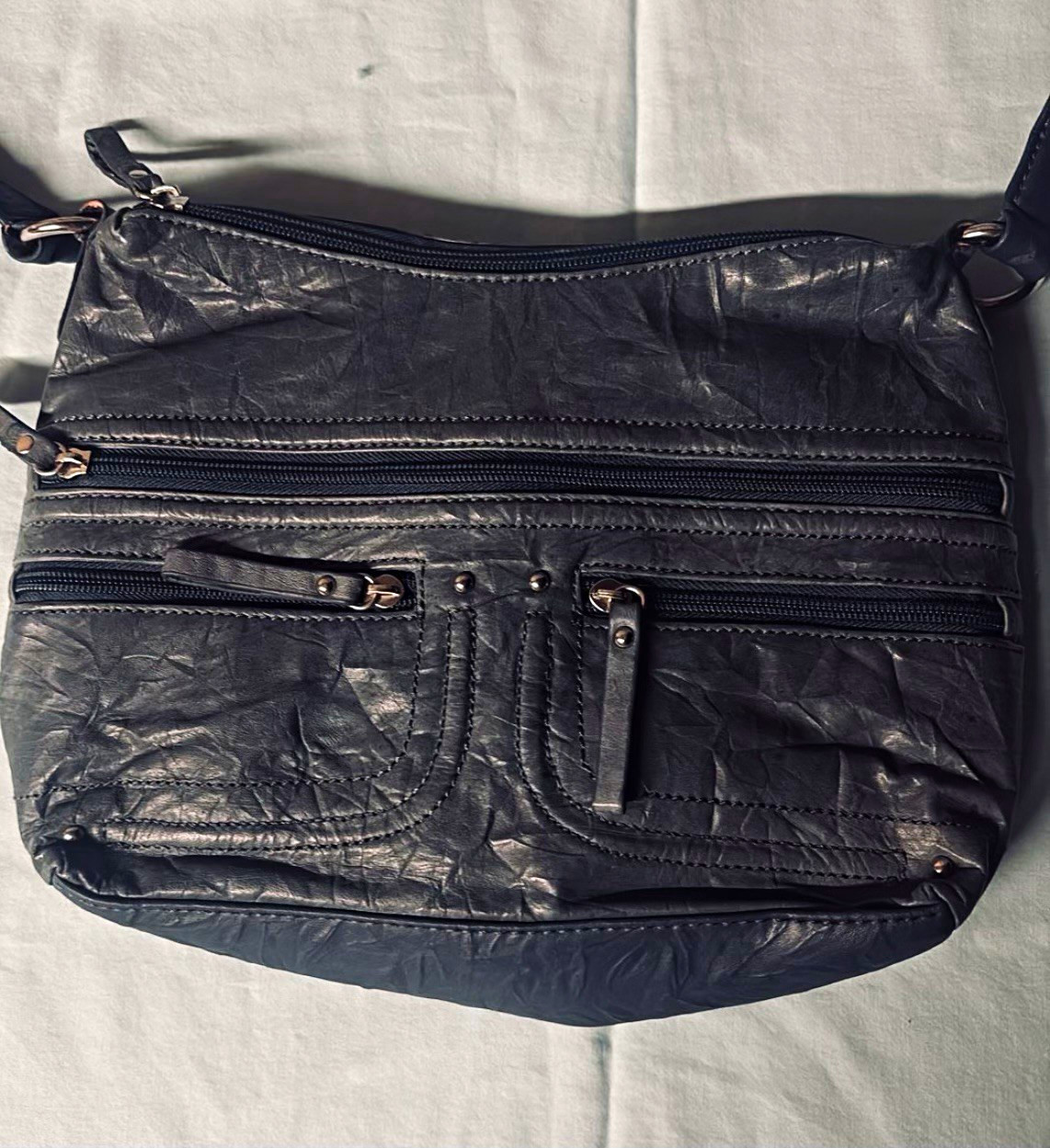 Stone & Co Dark Blue Shoulder Bag Purse, Zip Closure, Adjustable Strap, Pockets